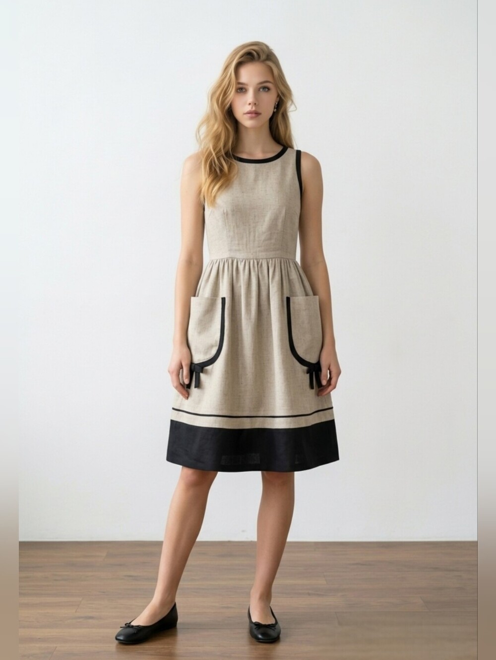 RED Valentino Linen Dress Beige Black Sleeveless Pockets Italy Style